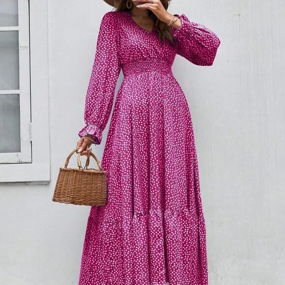 Pink Boho Womens Ditsy Floral Print Flounce Sleeve Shirred Dress - Picture 4 of 5